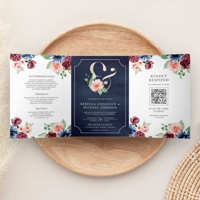 Convite Com Dobra Tripla Blush Rosa Azul Burgundy Floral Código QR Casament (Criador carregado)