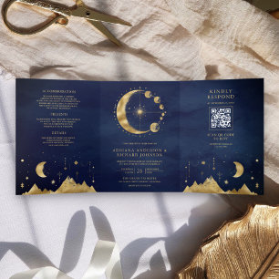 Convite Com Dobra Tripla Bodas das Fases da Lua Crescente Dourada Azul Cele