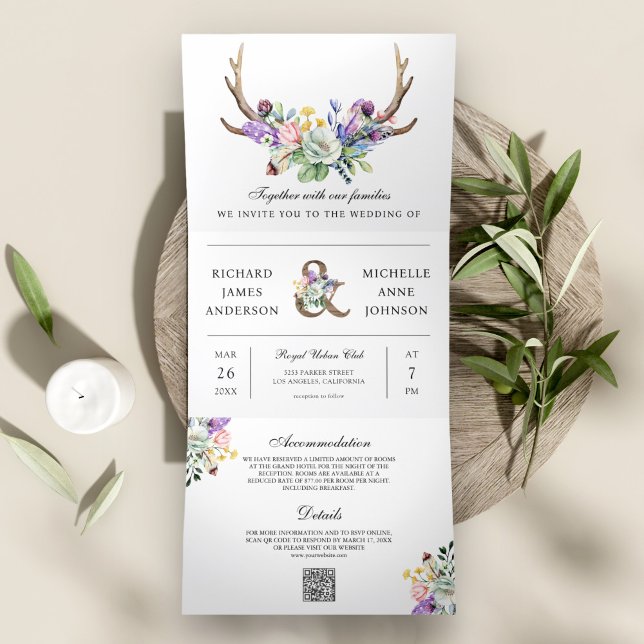 Convite Com Dobra Tripla Boho Antlers Wildflower Floral Código QR Casamento (Criador carregado)