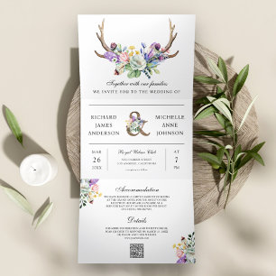 Convite Com Dobra Tripla Boho Antlers Wildflower Floral Código QR Casamento