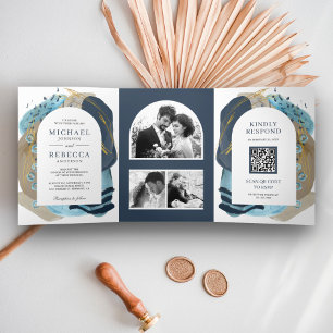 Convite Com Dobra Tripla Boho Bege Azul Marinho Pinceladas Código QR Casame