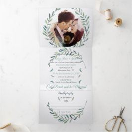 Convite Com Dobra Tripla Boho Blue e Green Wreath Weding