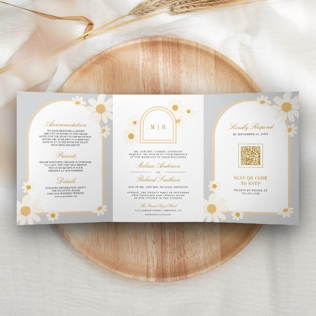 Convite Com Dobra Tripla Boho Cinza Retro Amarelo Daisy Tudo em Um Casament (Criador carregado)