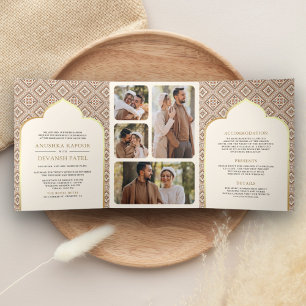 Convite Com Dobra Tripla Boho Creme Geométrico Tudo em Um Casamento Indiano