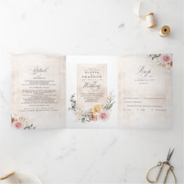 Convite Com Dobra Tripla Boho Elegante das Flores Coloridas