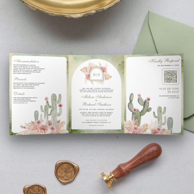 Convite Com Dobra Tripla Boho Floral Rosa Pampas Cactus Código QR Casamento (Criador carregado)