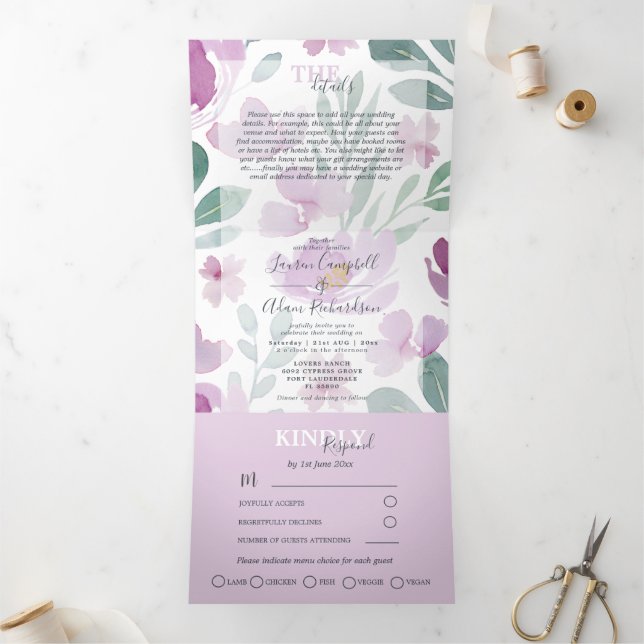 Convite Com Dobra Tripla Boho Floral Watercolor Wedding (Dentro)