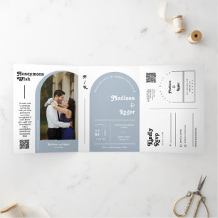 Convite Com Dobra Tripla Boho Foto do Arco do Boho com Retro Azul Dusty Cas