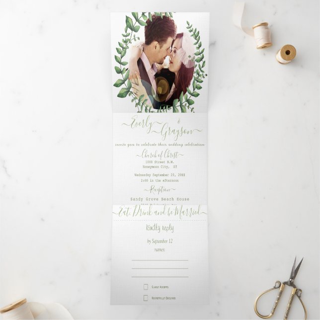 Convite Com Dobra Tripla Boho Green Leaf Olive Green Ash Wreath Casamento (Dentro)