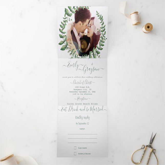 Convite Com Dobra Tripla Boho Green Leaf Olive Green Ash Wreath Weding Tri (Dentro)