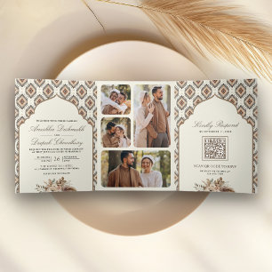 Convite Com Dobra Tripla Boho Marfim Bege Ikat Colagem de Fotos Casamento I