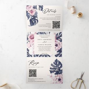 Convite Com Dobra Tripla Boho Marinho Rosa Monstera Floral 2 Código QR Casa