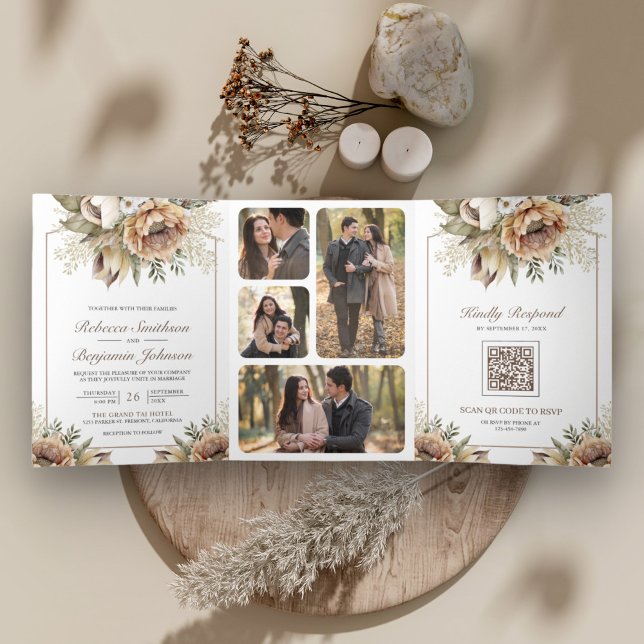 Convite Com Dobra Tripla Boho Neutral Terrestre Floral Código QR Casamento (Criador carregado)
