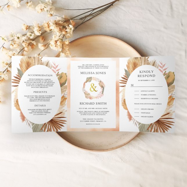 Convite Com Dobra Tripla Boho Pampas Palme Seca Tudo em Um Casamento (Criador carregado)