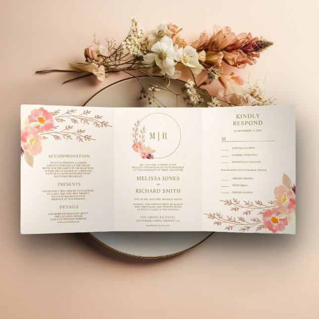 Convite Com Dobra Tripla Boho Peach Floral All In One Ivory Wedding (Criador carregado)