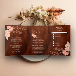 Convite Com Dobra Tripla Boho Peach Floral Burnt Orange Terracotta Casament
