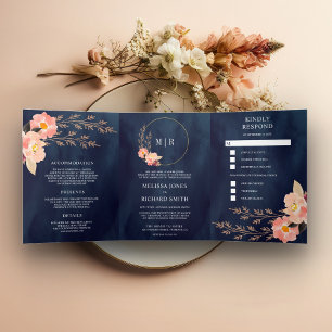 Convite Com Dobra Tripla Boho Peach Floral Tudo Em Um Casamento Azul De Mar