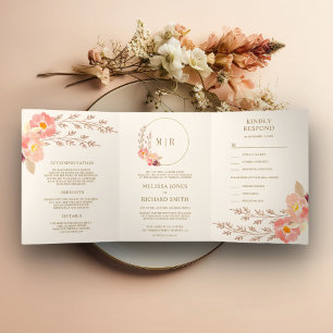 Convite Com Dobra Tripla Boho Peach Floral Tudo Em Um Casamento Marfim