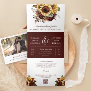 Convite Com Dobra Tripla Boho Rosas Burgundy Girassóis Código QR Casamento