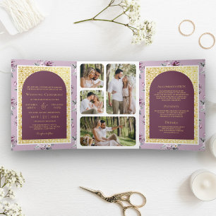 Convite Com Dobra Tripla Boho Roxo Floral Combinado Dourado Casamento India