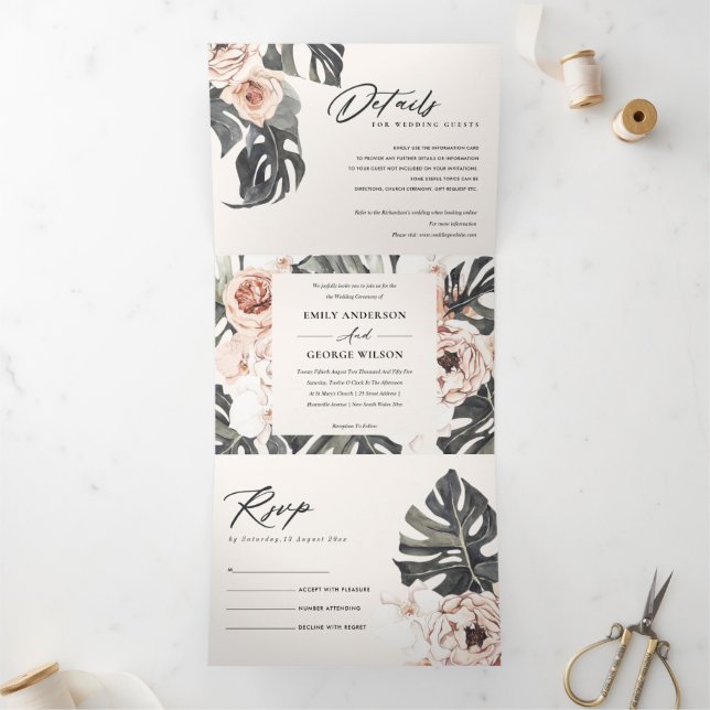 CONVITE COM DOBRA TRIPLA BOHO RUST MONSTERA FLORAL WATERCOLOR WEDDING (Dentro)