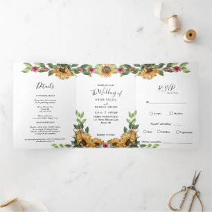 Convite Com Dobra Tripla Boho Sunflower Rustic Wildflower Weding