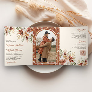 Convite Com Dobra Tripla Boho Terracota Floral Silvestre Creme Casamento