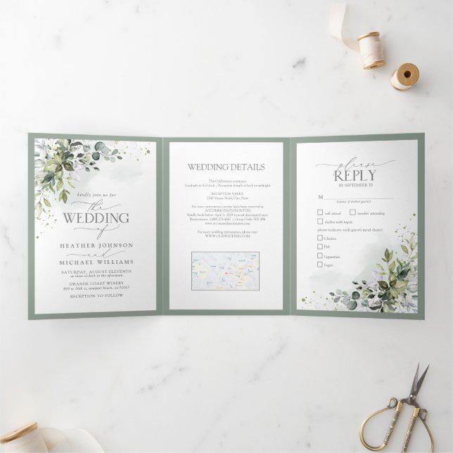 Convite Com Dobra Tripla Boi Greenery Floral Watercolor (Dentro)