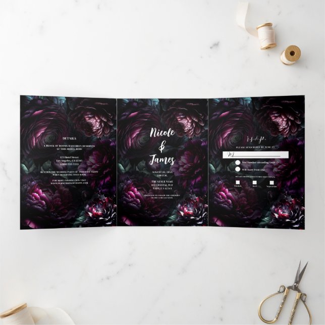 Convite Com Dobra Tripla Bold Moody Flowers Encantado Casamento Floral (Dentro)
