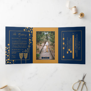 Convite Com Dobra Tripla Bolhas de Champanhe Azul e Dourado, Suite de Casam