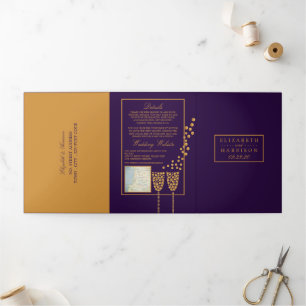 Convite Com Dobra Tripla Bolhas de Champanhe Roxo, Suite de Casamento