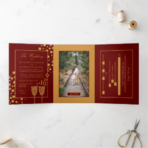 Convite Com Dobra Tripla Bolhas de Champanhe Vermelho e Dourado Escuro, Sui