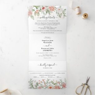 Convite Com Dobra Tripla Bonito no Casamento Elegante Botânico de Peach