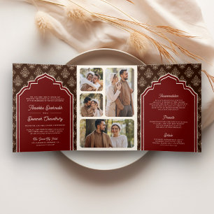 Convite Com Dobra Tripla Bordô Marrom Ikat Colagem de Fotos Casamento India