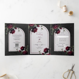 Convite Com Dobra Tripla Bordô Rosas Vermelhas Sombreado Cinza Floral Casam