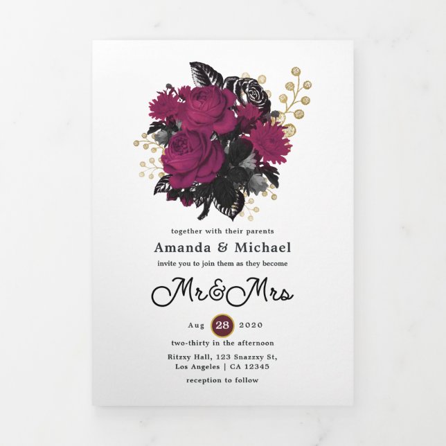 Convite Com Dobra Tripla Borgonha - Casamento Floral Marsala e Dourado (Cobrir)