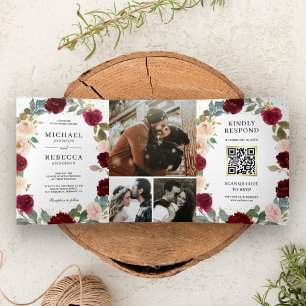 Convite Com Dobra Tripla Borgonha Floral de Pêssego Tudo em Um Código QR Ca