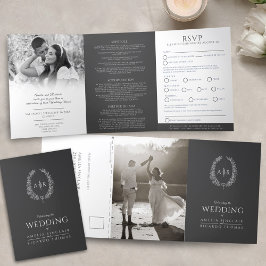 Convite Com Dobra Tripla Branca de cinza RSVP de casamento monograma