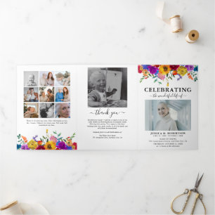 Convite Com Dobra Tripla Bright & Bold Floral Funeral Memorial