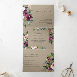 CONVITE COM DOBRA TRIPLA BRILHO BLUSH BURGUNDY KRAFT FLORAL BUNCH CASAMENTO