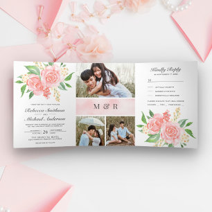Convite Com Dobra Tripla Buquê de Rosas Rosa Bege Colagem de Fotos Casament