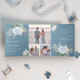Convite Com Dobra Tripla Buquê Floral Pastel Rústico Casamento Azul Empoeir