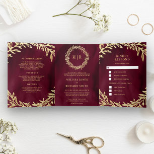 Convite Com Dobra Tripla Burgundy Dourada Leaf Branch Tudo em Um Casamento