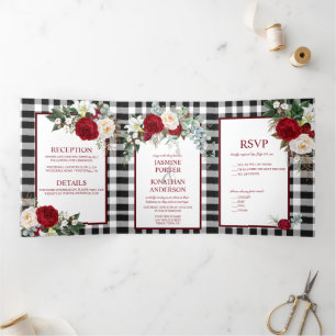 Convite Com Dobra Tripla Burgundy e White Roses, Casamento de Xadrezes de B