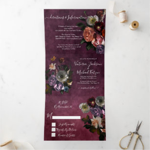 Convite Com Dobra Tripla Burgundy Master Floral Dark & Moody Weds