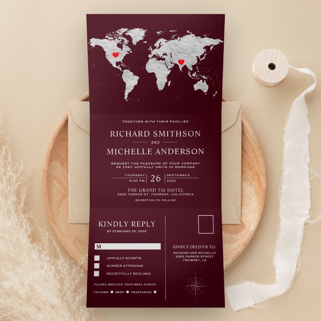 Convite Com Dobra Tripla Burgundy Silver World Map All in One Wedding (Criador carregado)