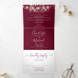 Convite Com Dobra Tripla Burgundy String Lights Script Casamento Monograma