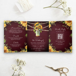 Convite Com Dobra Tripla Burgundy Sunflower Mason Jar Código QR Casamento