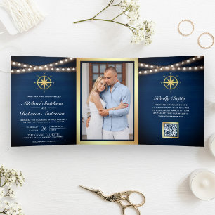Convite Com Dobra Tripla Bússola Dourada Naval Código QR Casamento