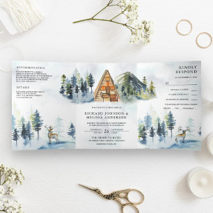 Convite Com Dobra Tripla Cabine A-Frame Lodge Casamento Inverno Floresta Mo
